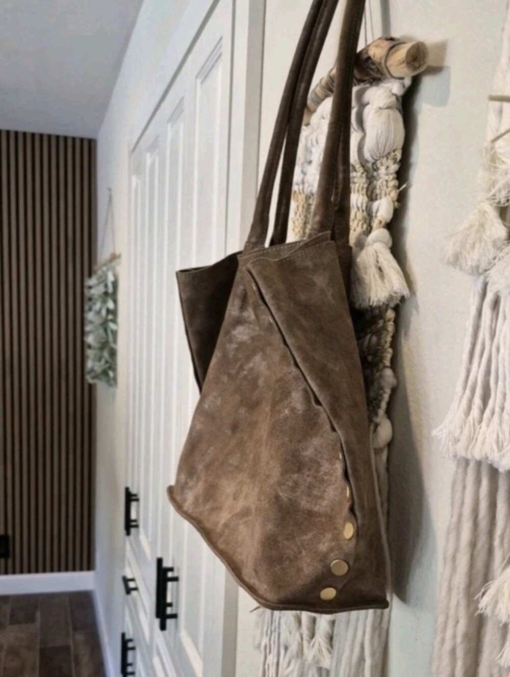 Hammitt Brown Metallic Shimmer Suede Brushed Gold Rivets Oliver Tote Bag - Picture 3 of 15